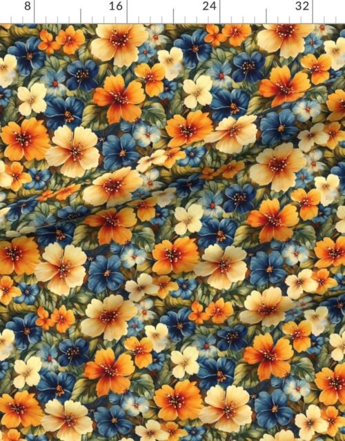 Fabric in Vintage Hawaiian Floral Watercolor with Bold Orange and Blue Hibiscus Fabric