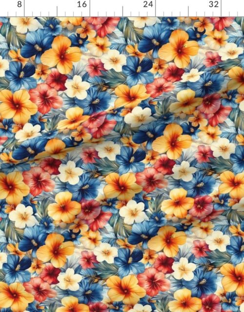 Fabric in Vintage Hawaiian Floral Watercolor with Red Orange and Blue Hibiscus Fabric