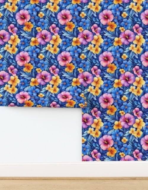 Vintage Hawaiian Watercolor with Pink Yellow and Blue Hibiscus Wallpaper