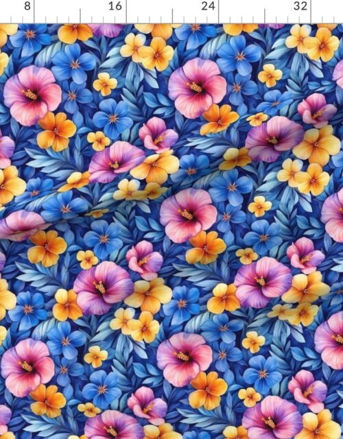 Fabric in Vintage Hawaiian Watercolor with Pink Yellow and Blue Hibiscus Fabric
