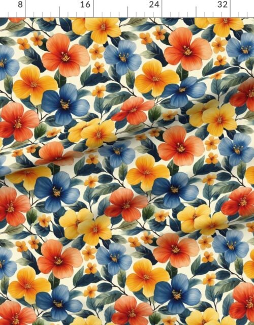 Fabric in Vintage Hawaiian Floral Watercolor Yellow Red Blue Hibiscus on Cream Fabric