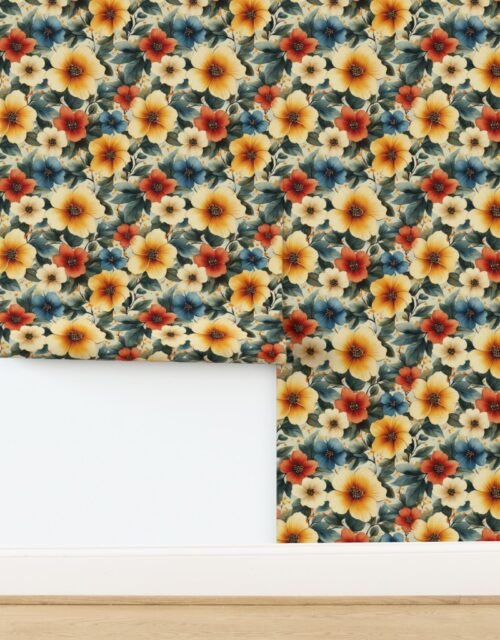 Vintage Hawaiian Floral Watercolor with Warm Yellow Red and Blue Hibiscus Wallpaper
