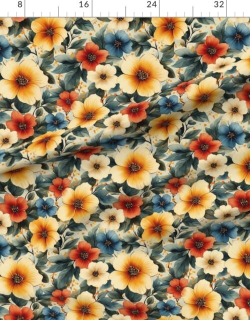 Fabric in Vintage Hawaiian Floral Watercolor with Warm Yellow Red and Blue Hibiscus Fabric