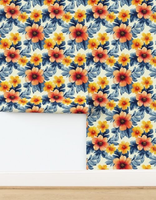 Vintage Hawaiian Floral with Orange and Yellow Hibiscus on Soft Cream Wallpaper