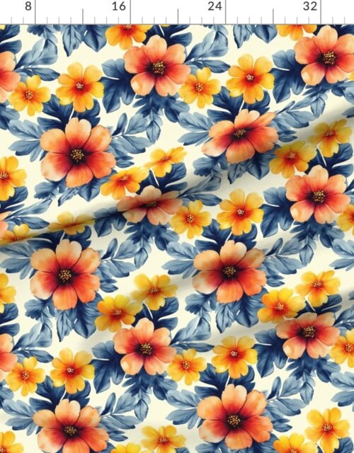 Fabric in Vintage Hawaiian Floral with Orange and Yellow Hibiscus on Soft Cream Fabric