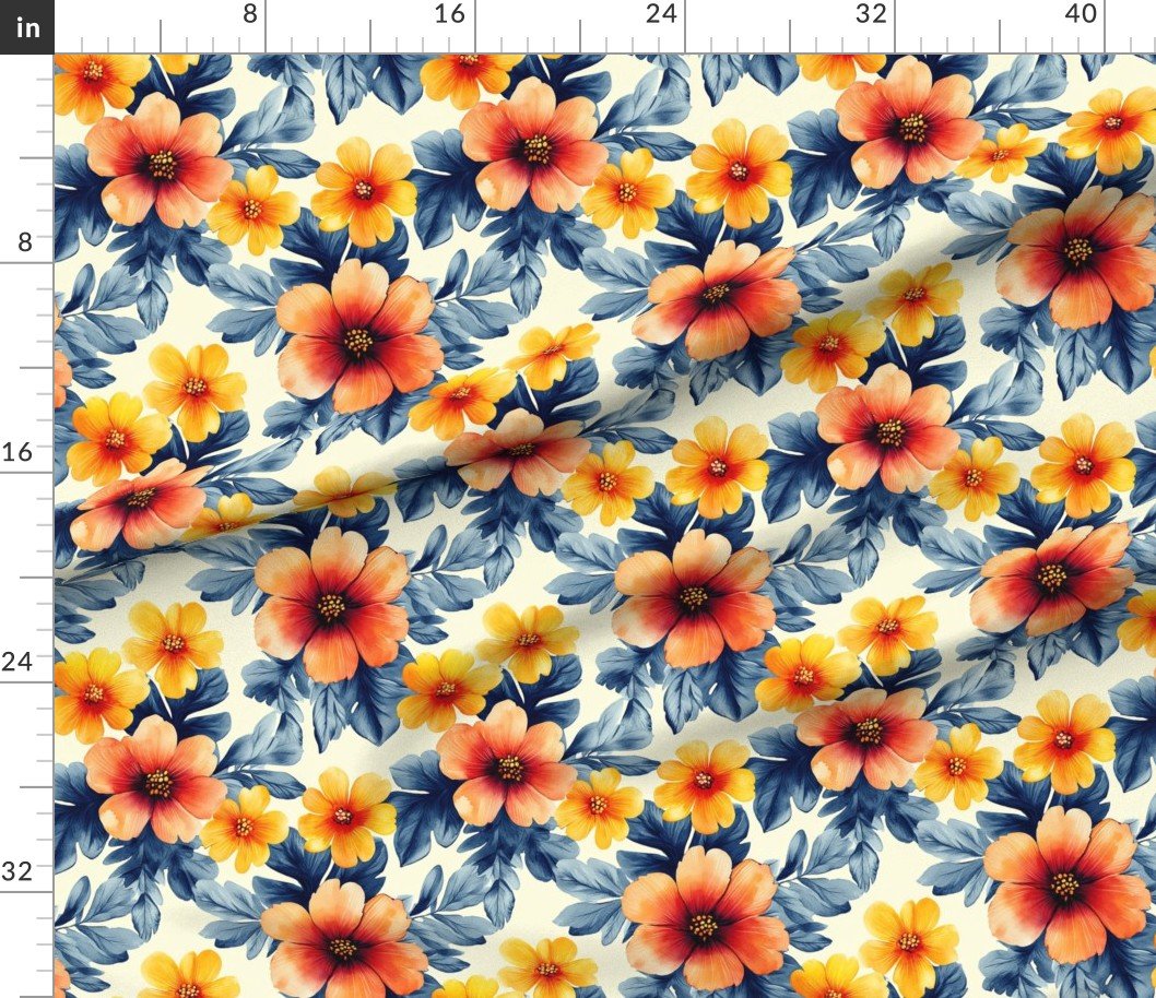 Fabric in Vintage Hawaiian Floral with Orange and Yellow Hibiscus on Soft Cream Fabric Fabric in Vintage Hawaiian Floral with Orange and Yellow Hibiscus on Soft Cream Fabric