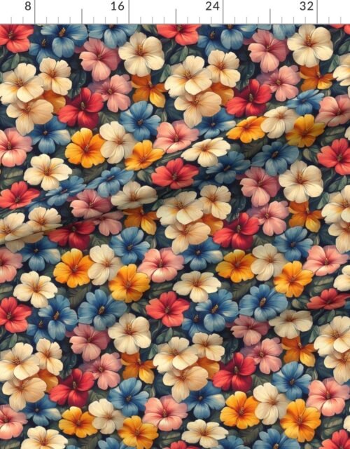 Fabric in Vintage Hawaiian Floral Watercolor with Cream Red and Blue Hibiscus Blooms Fabric
