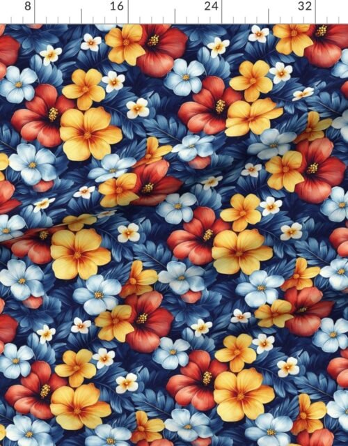 Fabric in Vintage Hawaiian Watercolor with Red Yellow and Blue Hibiscus on Deep Navy Fabric
