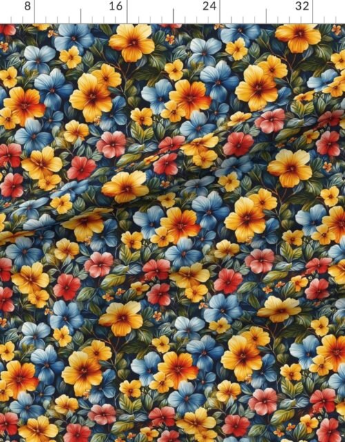 Fabric in Vintage Hawaiian Floral Watercolor with Yellow Blue and Red Hibiscus Fabric