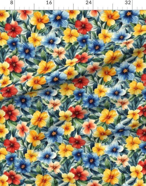 Fabric in Vintage Hawaiian Floral Watercolor with Red Blue and Yellow Hibiscus Fabric