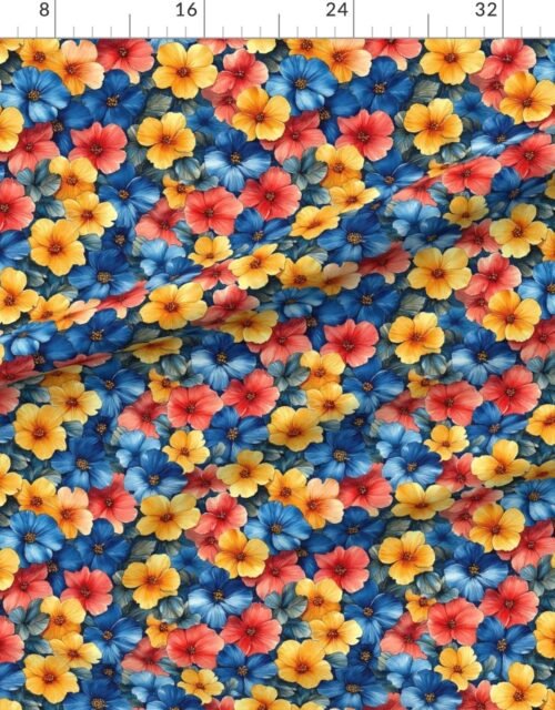 Fabric in Vintage Hawaiian Floral Watercolor with Blue Yellow and Coral Hibiscus Fabric
