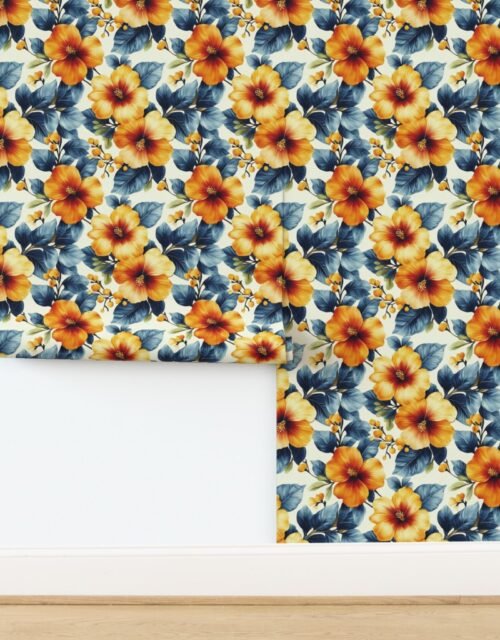 Hawaiian Floral Watercolor with Orange Hibiscus and Blue Leaves on Cream Wallpaper