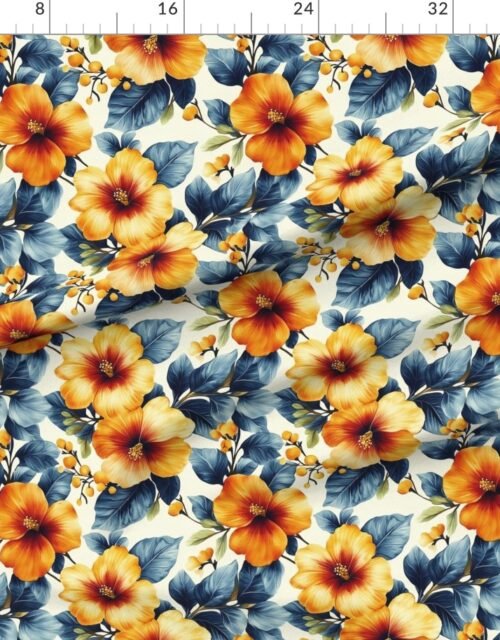 Fabric in Hawaiian Floral Watercolor with Orange Hibiscus and Blue Leaves on Cream Fabric