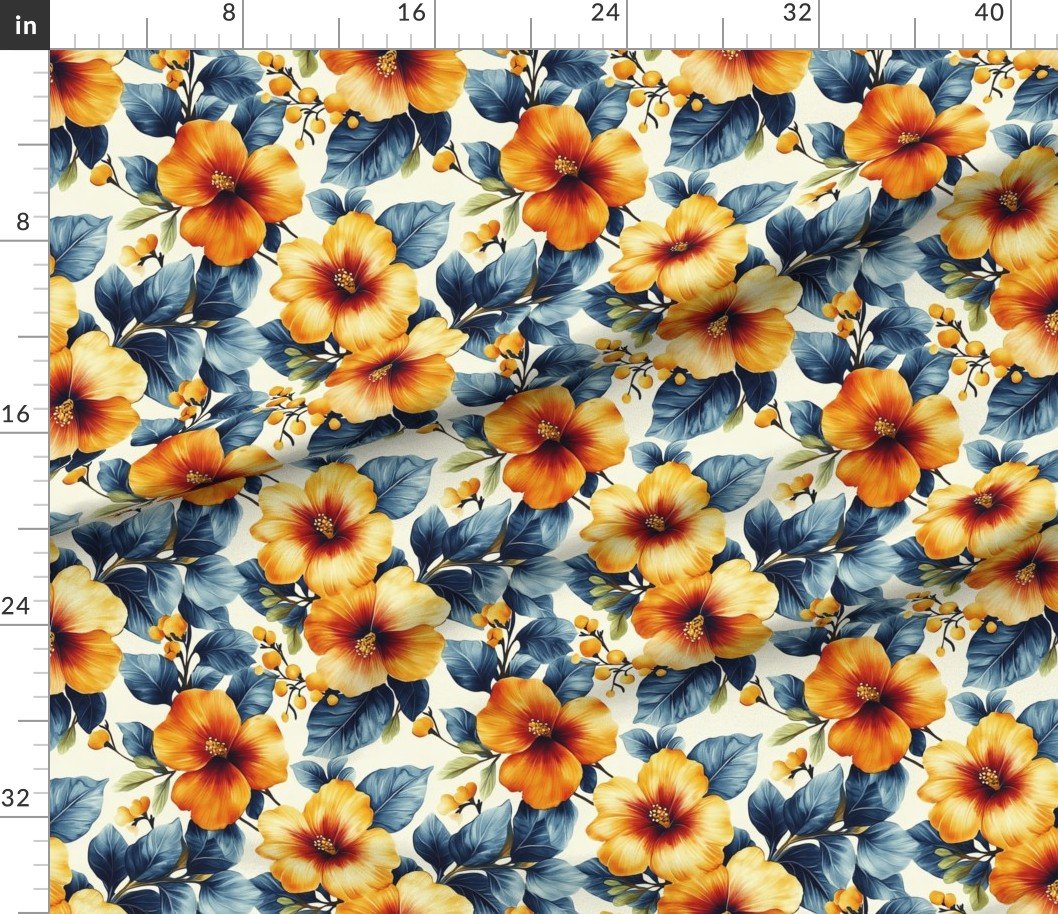 Fabric in Hawaiian Floral Watercolor with Orange Hibiscus and Blue Leaves on Cream Fabric Fabric in Hawaiian Floral Watercolor with Orange Hibiscus and Blue Leaves on Cream Fabric