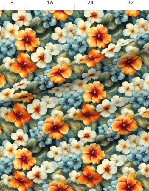 Fabric in Vintage Hawaiian Floral Watercolor with Orange Cream and Blue Hibiscus Fabric