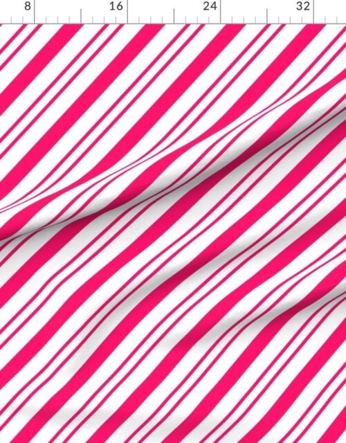 Fabric in Classic Bright Pink Diagonal Christmas Candy Stripes on White Background Fabric