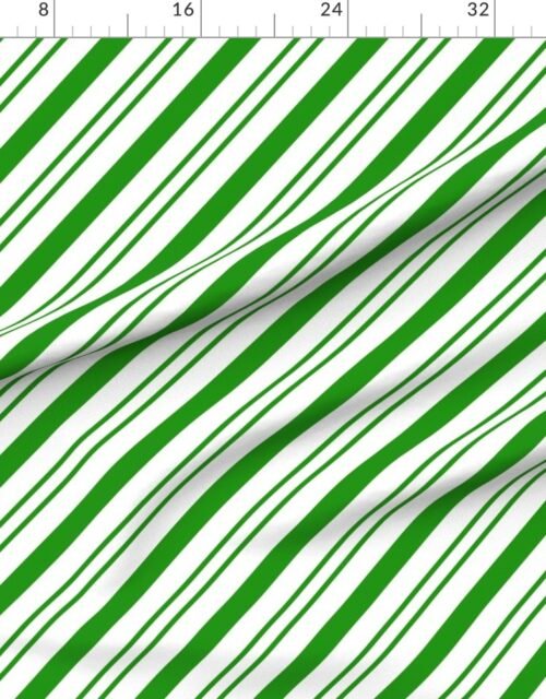 Fabric in Classic Green Diagonal Christmas Candy Stripes on White Background Fabric