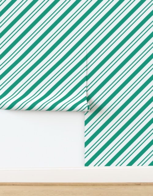 Classic Teal Green Diagonal Christmas Candy Stripes on White Background Wallpaper