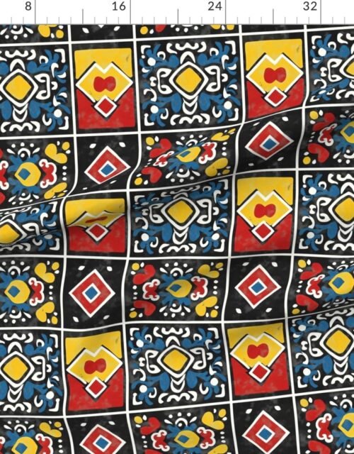 Fabric in Dashiki Fusion Bold Geometric Yellow Red and Blue on Black Fabric