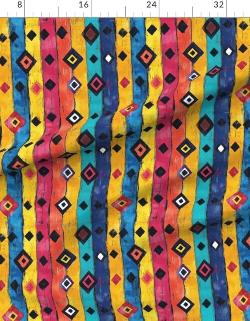 Fabric in Dashiki Fusion Bold Diamonds Yellow Blue and Pink Stripes Fabric