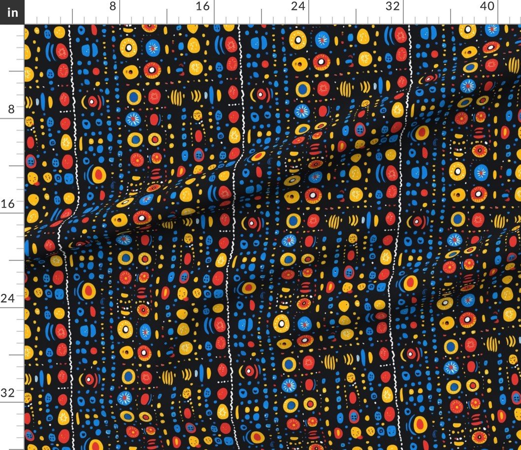 Fabric in Dashiki Fusion Colorful Dots and Circles Yellow Red and Blue Fabric Fabric in Dashiki Fusion Colorful Dots and Circles Yellow Red and Blue Fabric