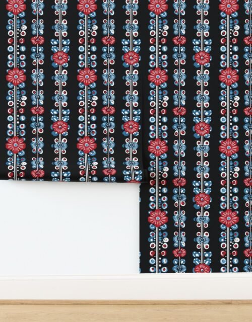 Dashiki Fusion Floral Stripes Red Blue and White on Black Wallpaper