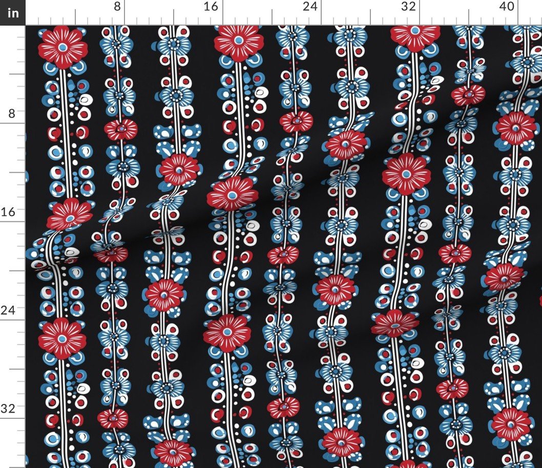 Fabric in Dashiki Fusion Floral Stripes Red Blue and White on Black Fabric Fabric in Dashiki Fusion Floral Stripes Red Blue and White on Black Fabric