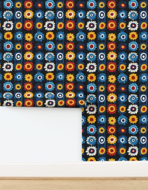 Dashiki Fusion Bold Floral Circles Yellow Blue and Red Wallpaper