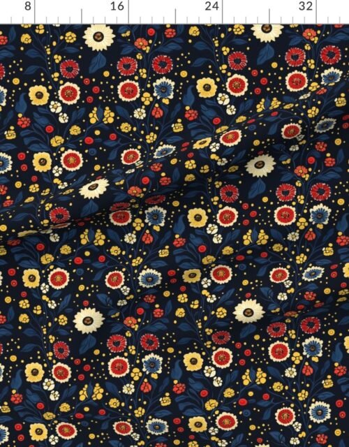 Fabric in Dashiki Fusion Floral Blooms Yellow Red and Blue on Dark Background Fabric
