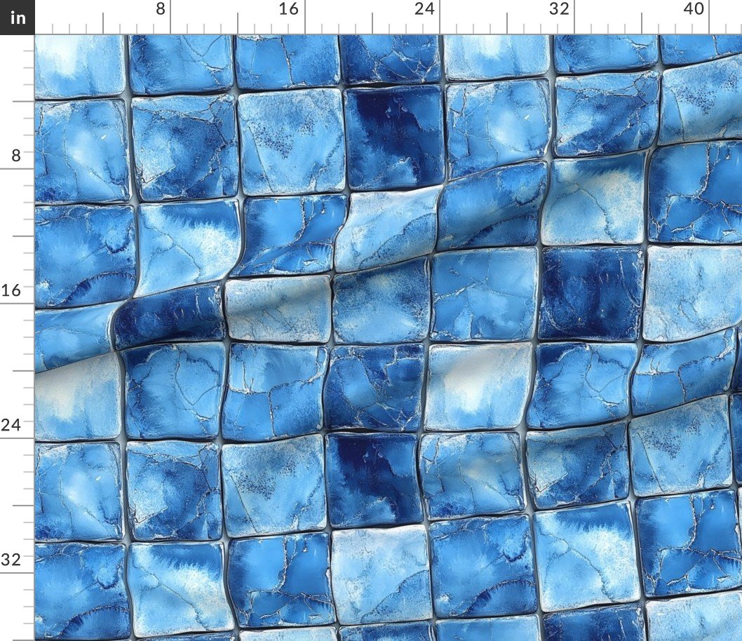 Fabric in 6 inch Blue Mosaic Tiles with Watercolor Effect for Pool or Bathroom Fabric Fabric in 6 inch Blue Mosaic Tiles with Watercolor Effect for Pool or Bathroom Fabric
