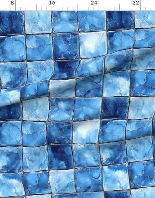 Fabric in 5 inch Blue Mosaic Tiles with Watercolor Effect for Pool or Bathroom Fabric