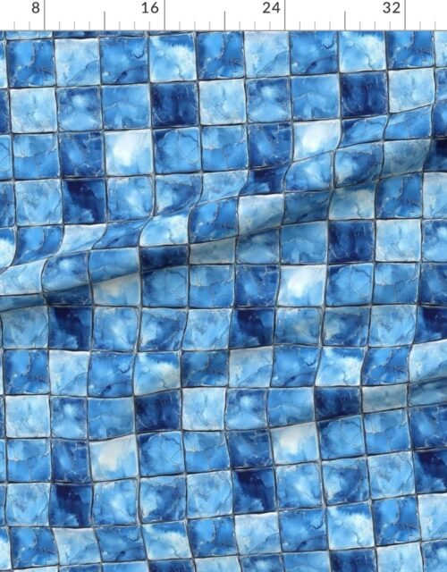 Fabric in 3 inch Blue Mosaic Tiles with Watercolor Effect for Pool or Bathroom Fabric