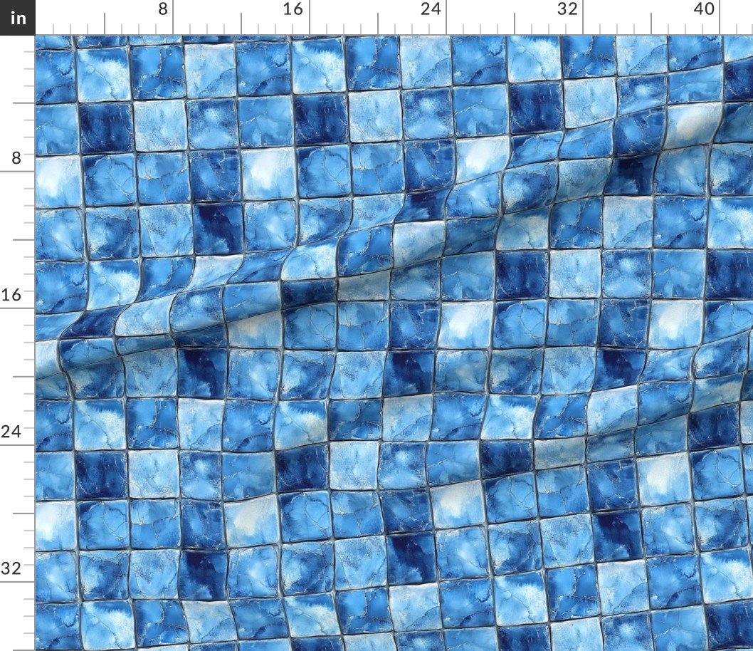 Fabric in 3 inch Blue Mosaic Tiles with Watercolor Effect for Pool or Bathroom Fabric Fabric in 3 inch Blue Mosaic Tiles with Watercolor Effect for Pool or Bathroom Fabric