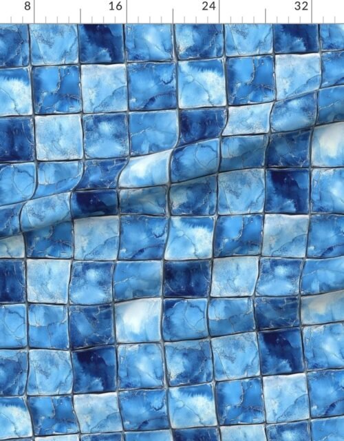 Fabric in 4 inch Blue Mosaic Tiles with Watercolor Effect for Pool or Bathroom Fabric