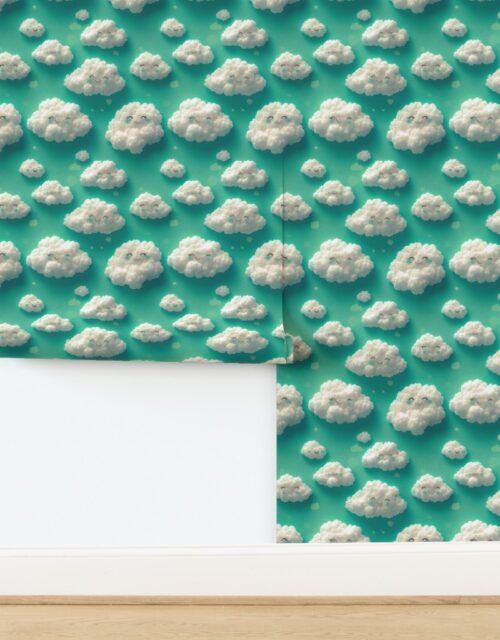 Fluffy Happy Clouds on Aqua Background for Kids Room Decor Wallpaper