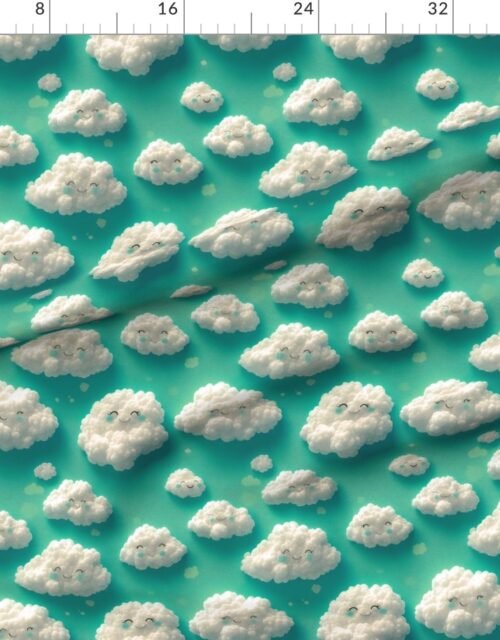 Fabric in Fluffy Happy Clouds on Aqua Background for Kids Room Decor Fabric