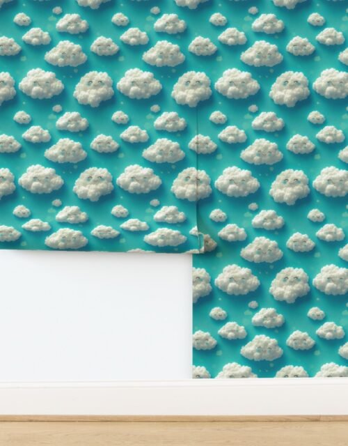 Fluffy Happy Clouds on Bright Teal Background for Kids Room Decor Wallpaper