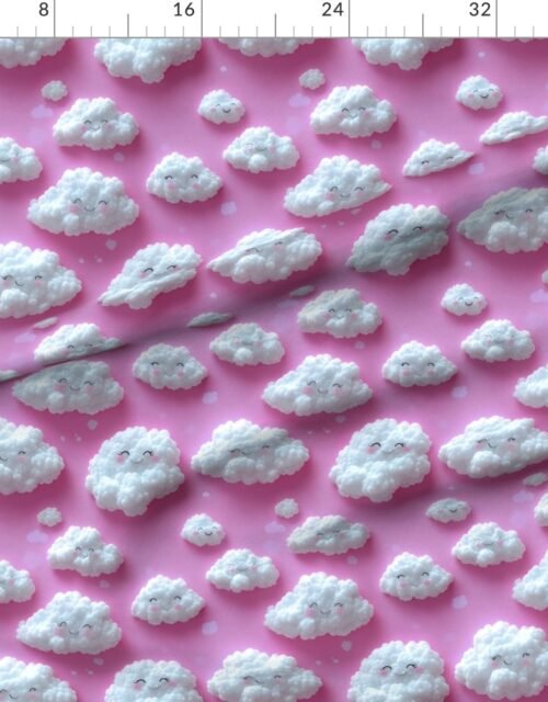 Fabric in Fluffy Happy Clouds on Bright Pink Background for Kids Room Decor Fabric