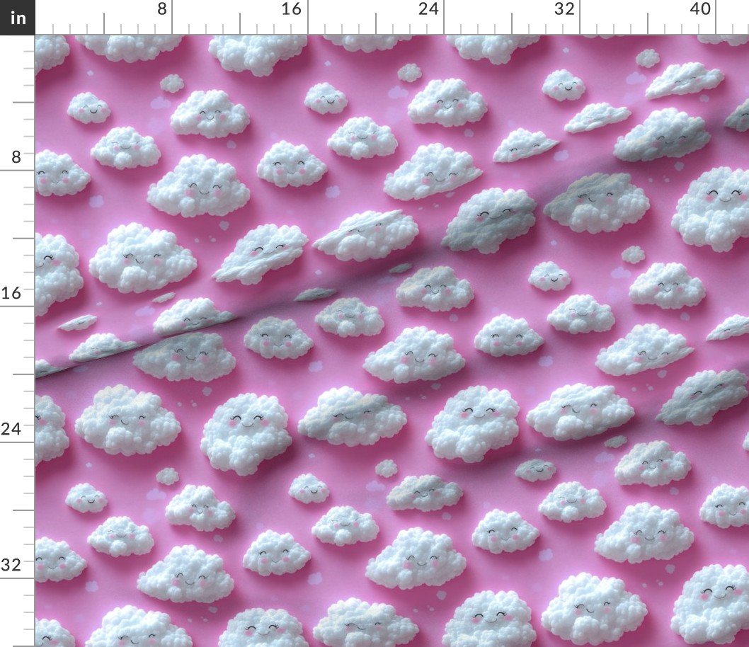 Fabric in Fluffy Happy Clouds on Bright Pink Background for Kids Room Decor Fabric Fabric in Fluffy Happy Clouds on Bright Pink Background for Kids Room Decor Fabric