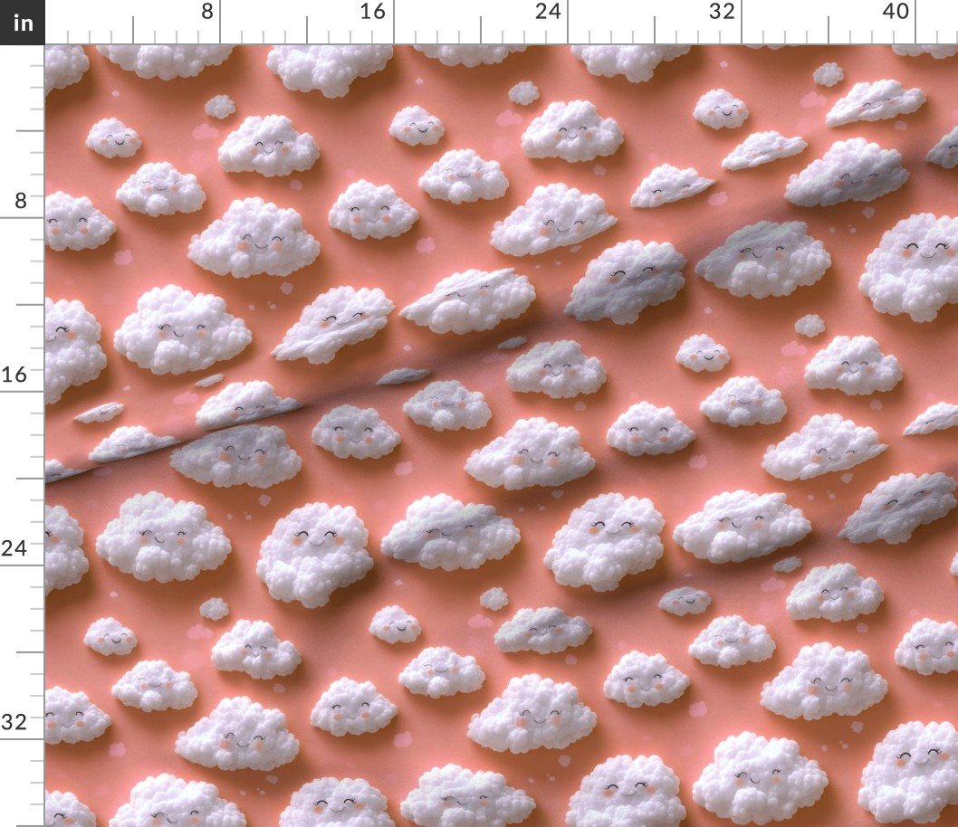 Fabric in Fluffy Happy Clouds on Peach Background for Kids Room Decor Fabric Fabric in Fluffy Happy Clouds on Peach Background for Kids Room Decor Fabric