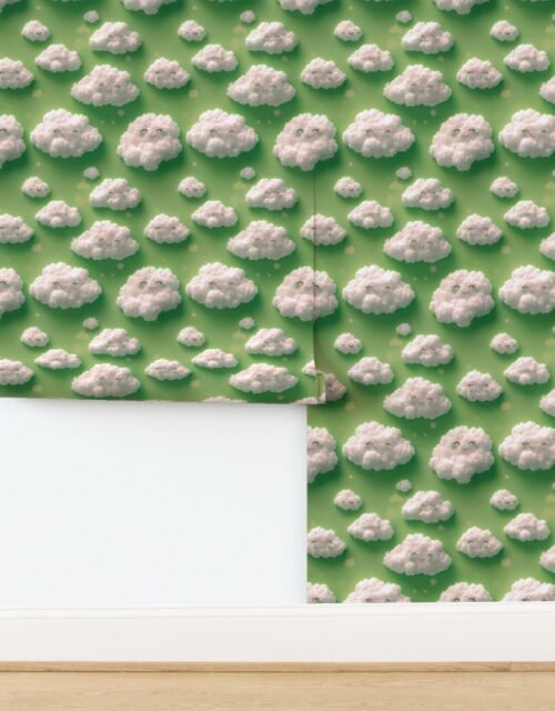 Fluffy Happy Clouds on Bright Lime Green Background for Kids Room Decor Wallpaper