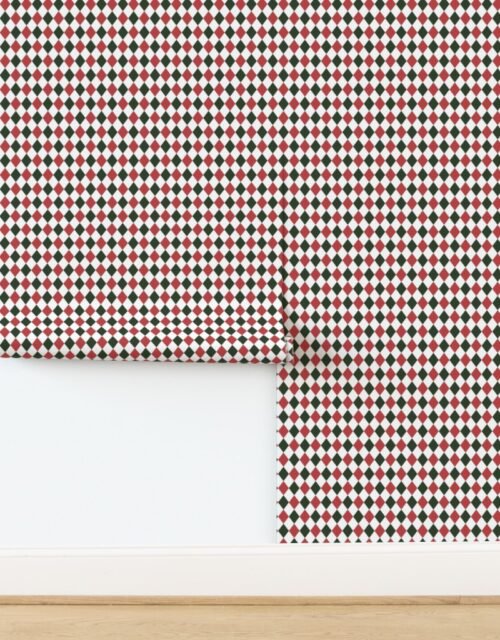 1 inch Vintage Cranberry and Green Christmas Harlequin Checkered Pattern Wallpaper