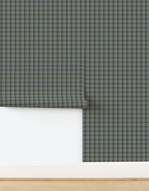 Fraser Weathered Wool Scottish Tartan with Moss Green and Slate Blue Accent Wallpaper