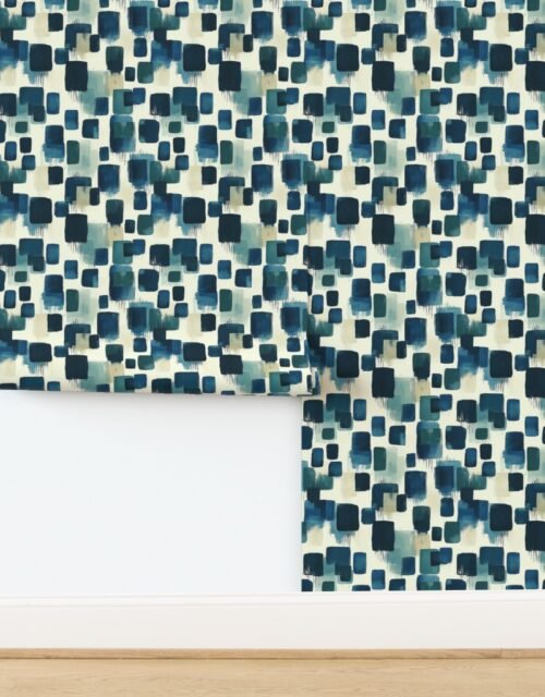 Abstract Brushstroke City Blocks in Deep Blue and Teal Wallpaper