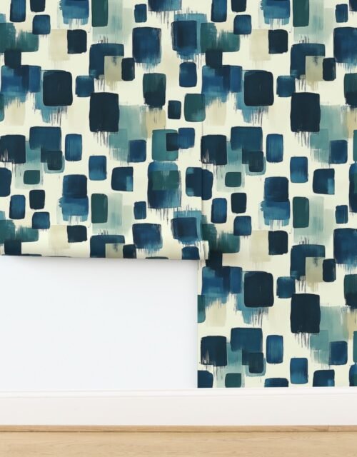 Large Abstract Brushstroke City Blocks in Deep Blue and Teal Wallpaper