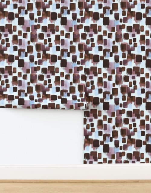 Abstract Brushstroke Blocks in Brown Rosewood and Sky Blue Wallpaper