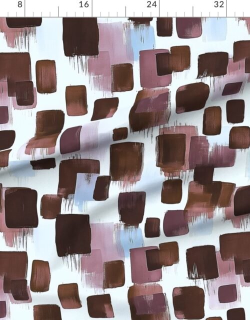 Fabric in Large Abstract Brushstroke Blocks in Brown Rosewood and Sky Blue Fabric