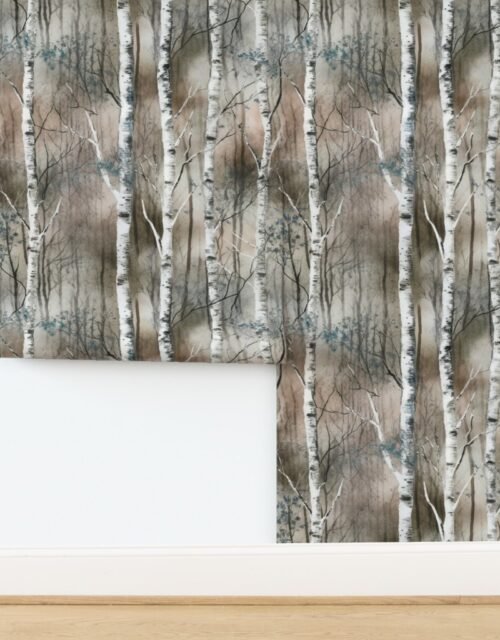 Endless Silver Birch Tree Dreamscape in Misty Taupe and Gray Wallpaper