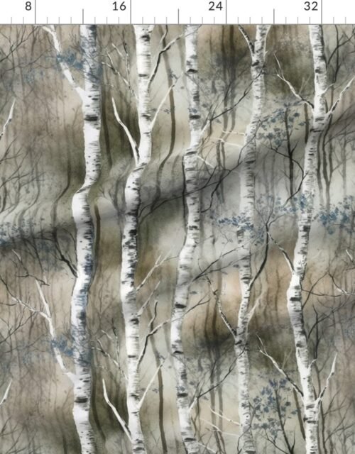 Fabric in Endless Silver Birch Tree Dreamscape in Misty Brown and Blue Fabric