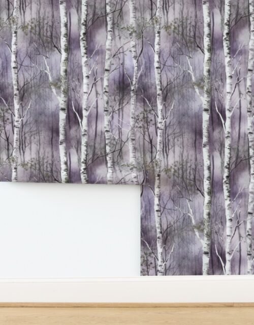 Endless Silver Birch Tree Dreamscape in Misty Purple and Green Wallpaper